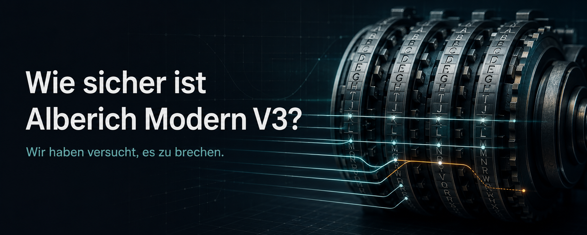 Vier Walzen einer Rotorchiffre mit eingezeichneten Angriffspfaden — Header zum Artikel „Wie sicher ist Alberich Modern V3?“