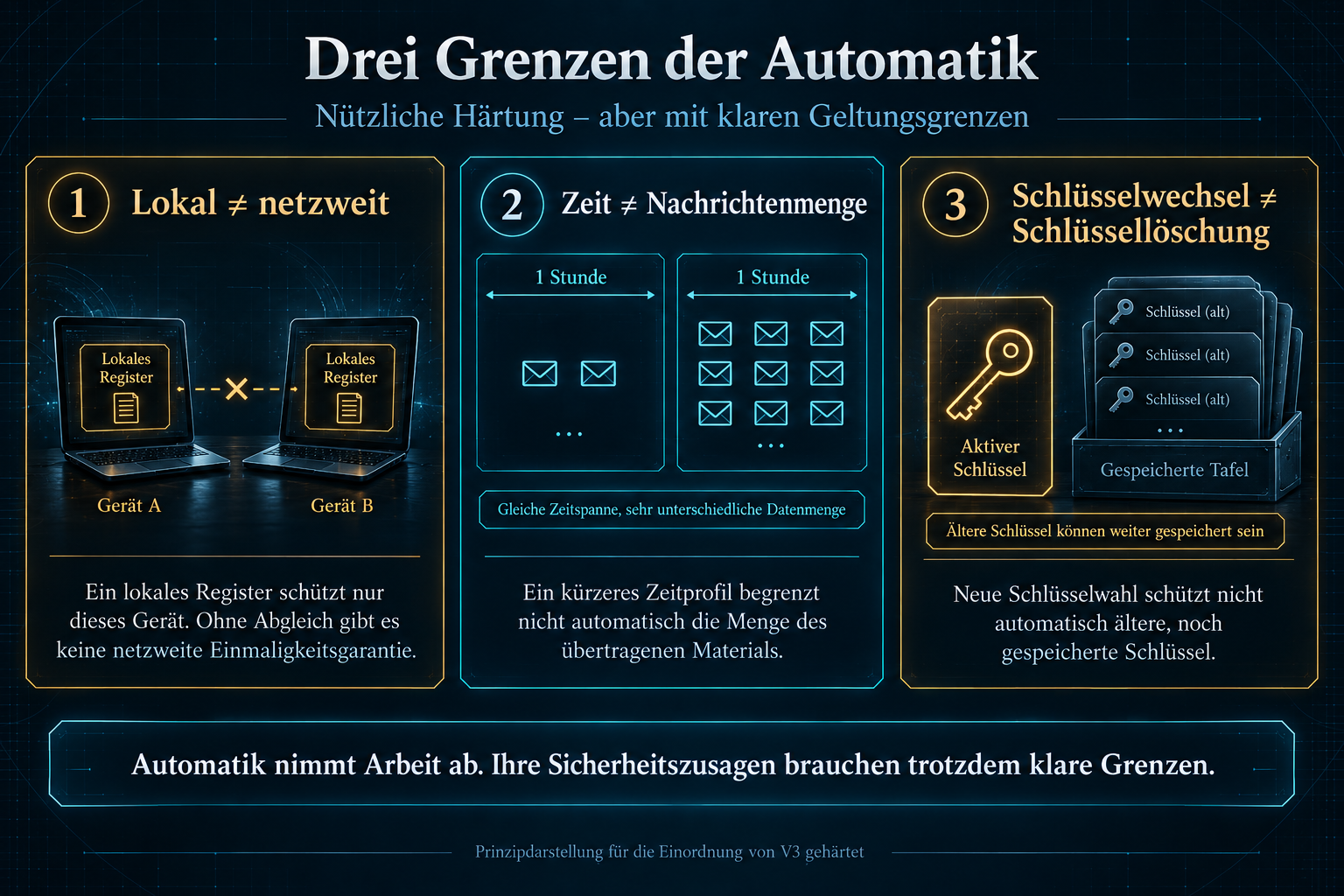 Drei Grenzen der Automatik: lokal ungleich netzweit, Zeit ungleich Nachrichtenmenge, Schlüsselwechsel ungleich Schlüssellöschung