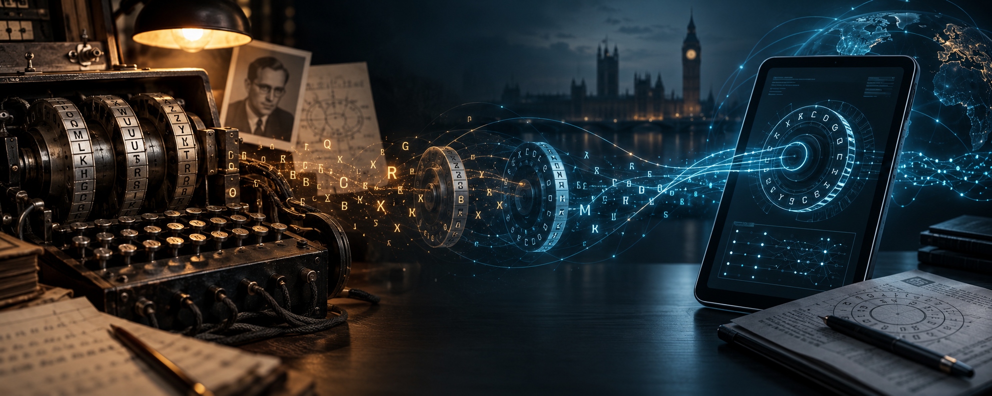 Historische Chiffriermaschine links, digitale Rotoranzeige rechts; dazwischen Buchstaben und Walzen vor der Silhouette Londons