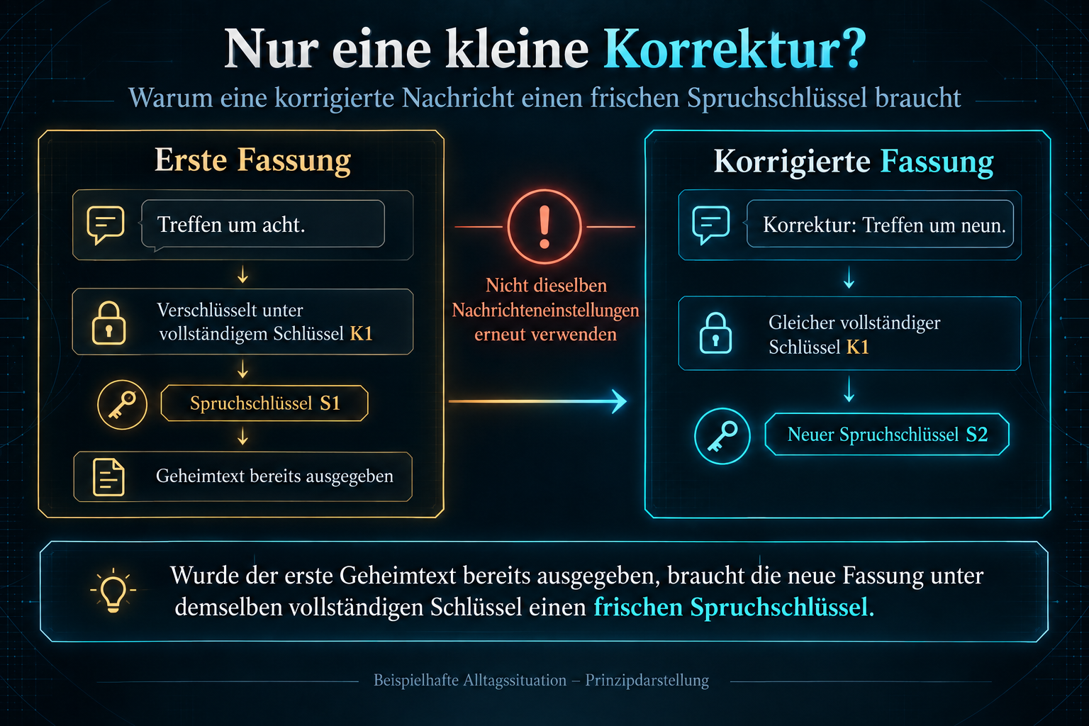Erste Fassung mit Spruchschlüssel S1, korrigierte Fassung braucht unter demselben vollständigen Schlüssel einen frischen Spruchschlüssel S2