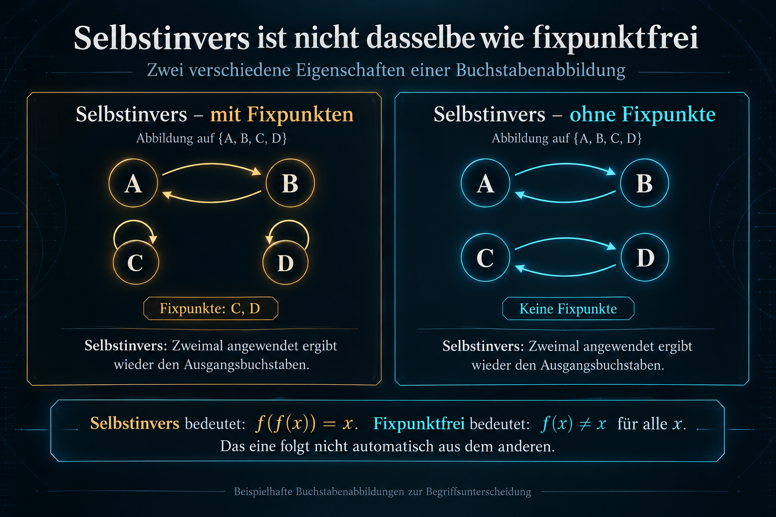 Gegenüberstellung: selbstinverse Abbildung mit Fixpunkten links, selbstinverse Abbildung ohne Fixpunkte rechts