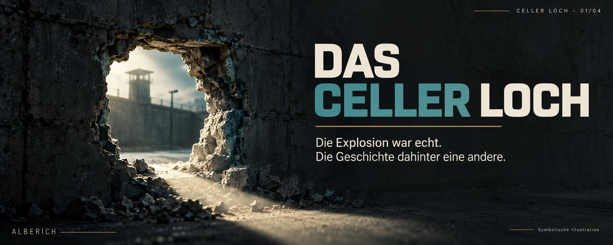 Symbolische Illustration: Loch in einer Gefängnismauer. Titel „Das Celler Loch“. Die Explosion war echt. Die Geschichte dahinter eine andere.