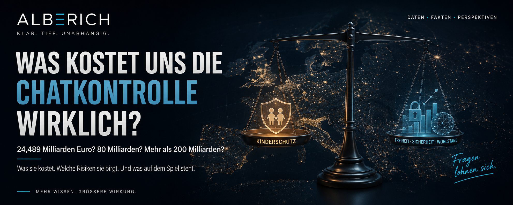 Waage über einer Europakarte bei Nacht: Kinderschutz gegen Freiheit, Sicherheit und Wohlstand — Header zum Artikel über die Kosten der Chatkontrolle