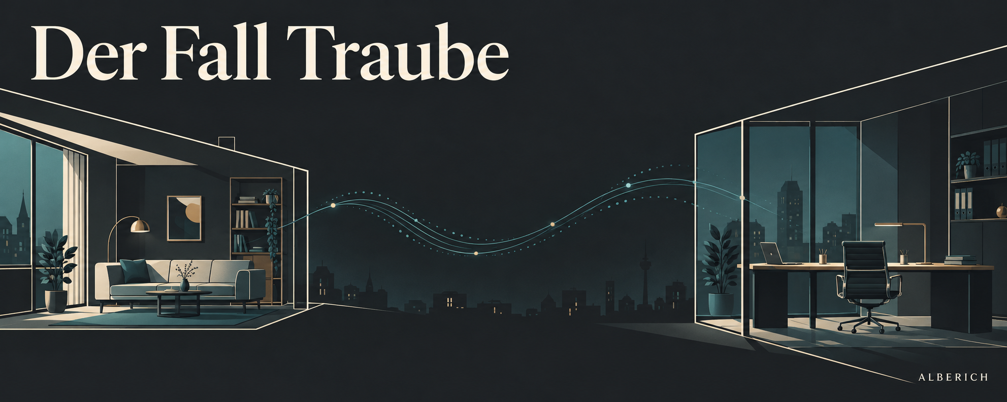 Titelgrafik: Wohnung und Büro, verbunden durch eine Linie. Der Fall Traube.