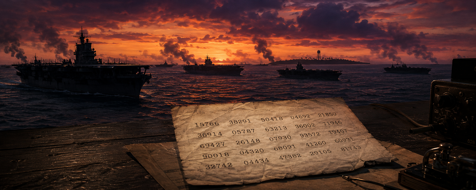 Funkspruch mit fünfstelligen Zahlengruppen auf einem Trägerdeck vor der Flotte bei Sonnenuntergang — Midway, Juni 1942