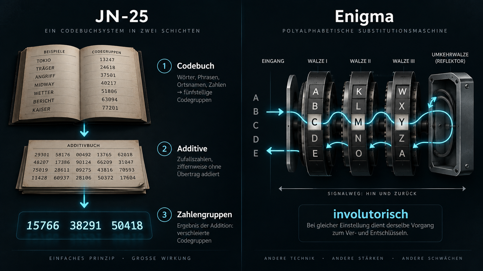 JN-25 als Codebuch plus Additivbuch gegenüber der involutorischen Enigma mit Walzen und Umkehrwalze