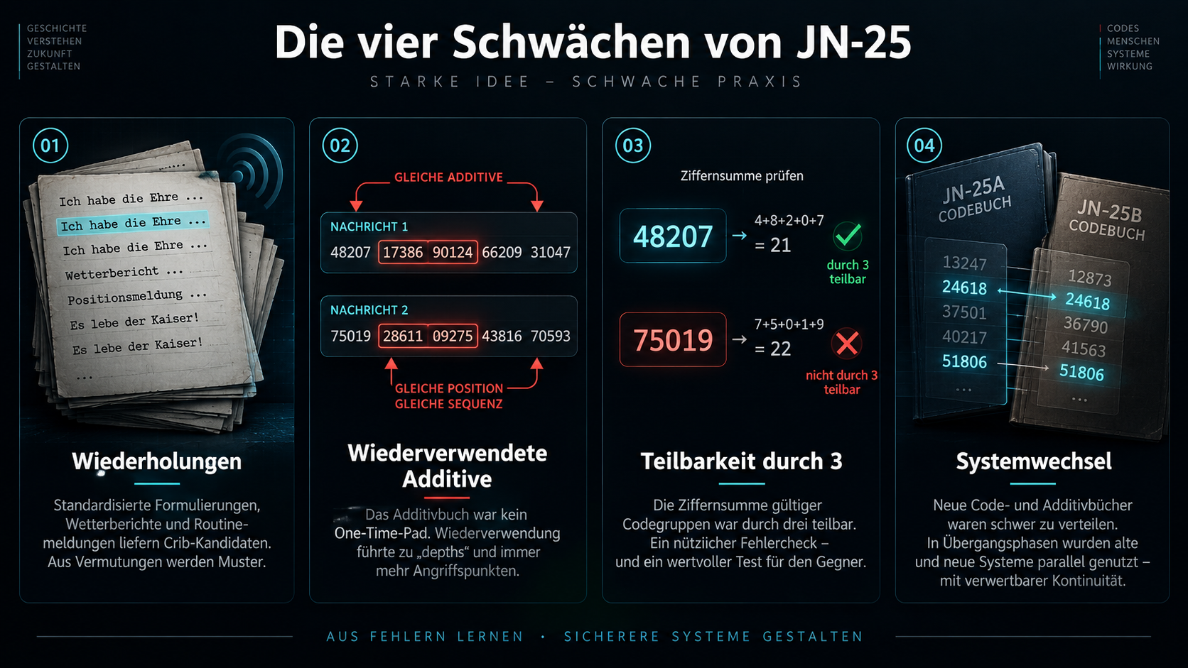 Vier Schwächen von JN-25: Wiederholungen, wiederverwendete Additive, Teilbarkeit durch drei, Systemwechsel