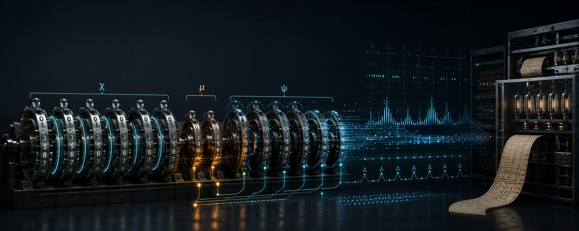 Lorenz-Radbank mit χ-, μ- und ψ-Rädern, statistischer Analyse in der Mitte und Colossus mit Lochstreifen rechts