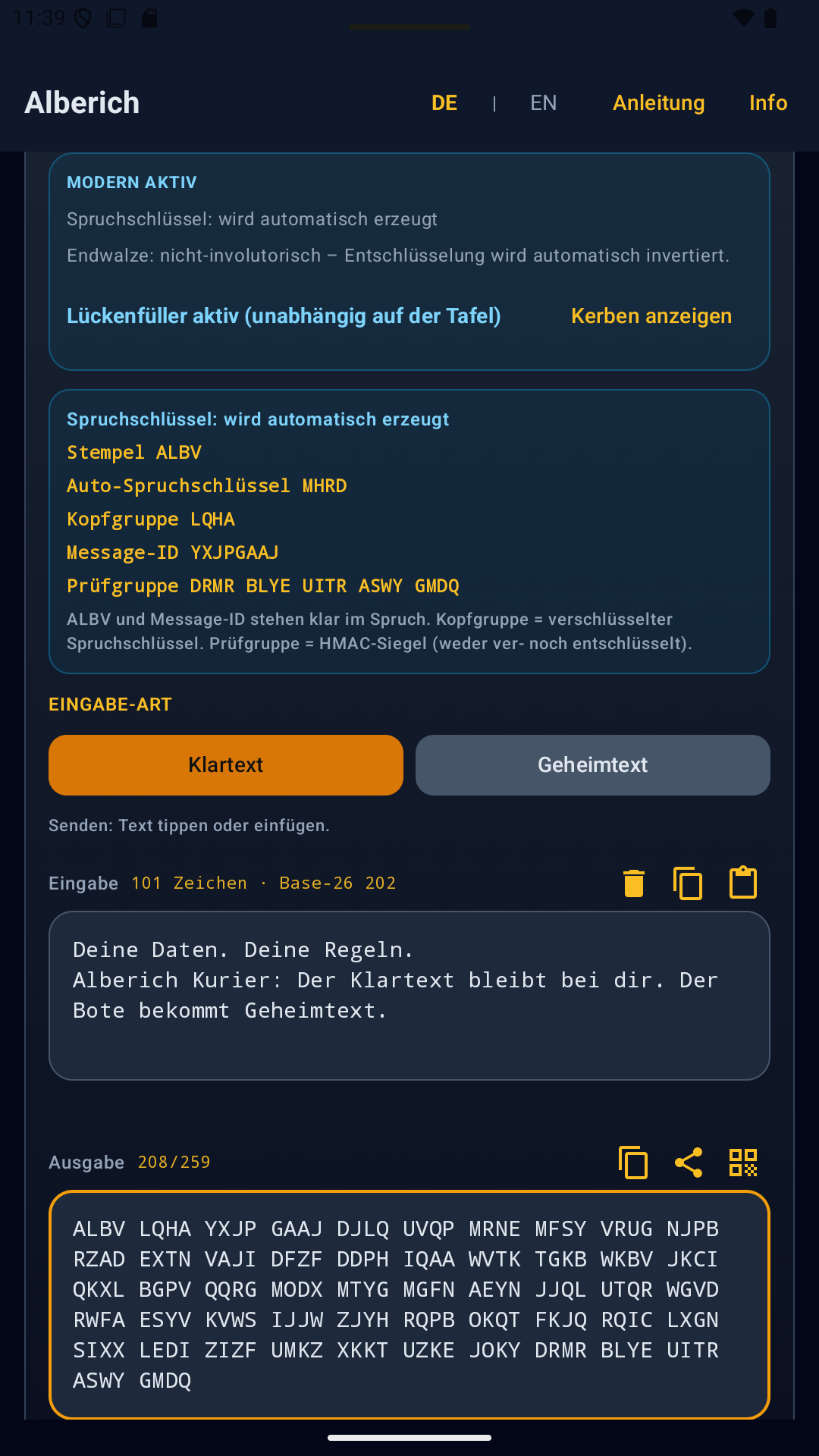 Offline-Gerät mit Testnachricht, Modern-Modus und „Kurier aus“