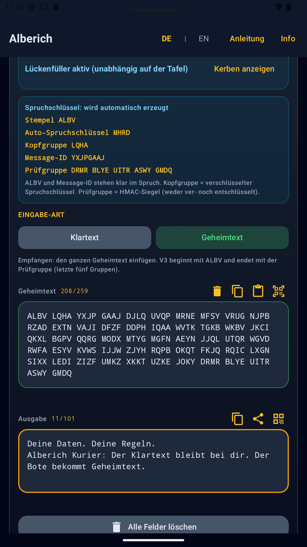 Auf dem zweiten Offline-Gerät erscheint wieder exakt die Testnachricht