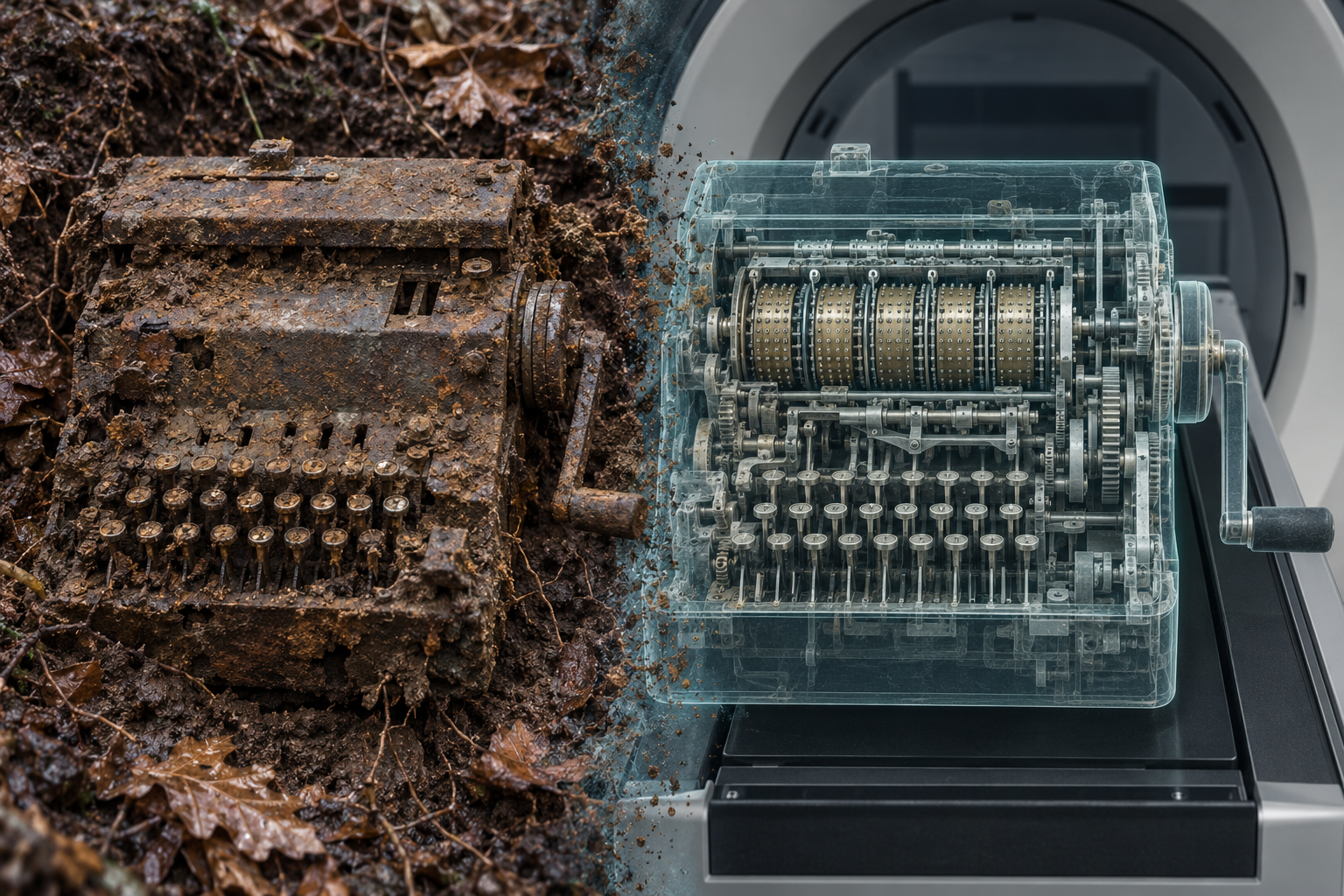 Links das bei Aying geborgene, korrodierte SG-41, rechts eine computertomographische Rekonstruktion des Innenlebens