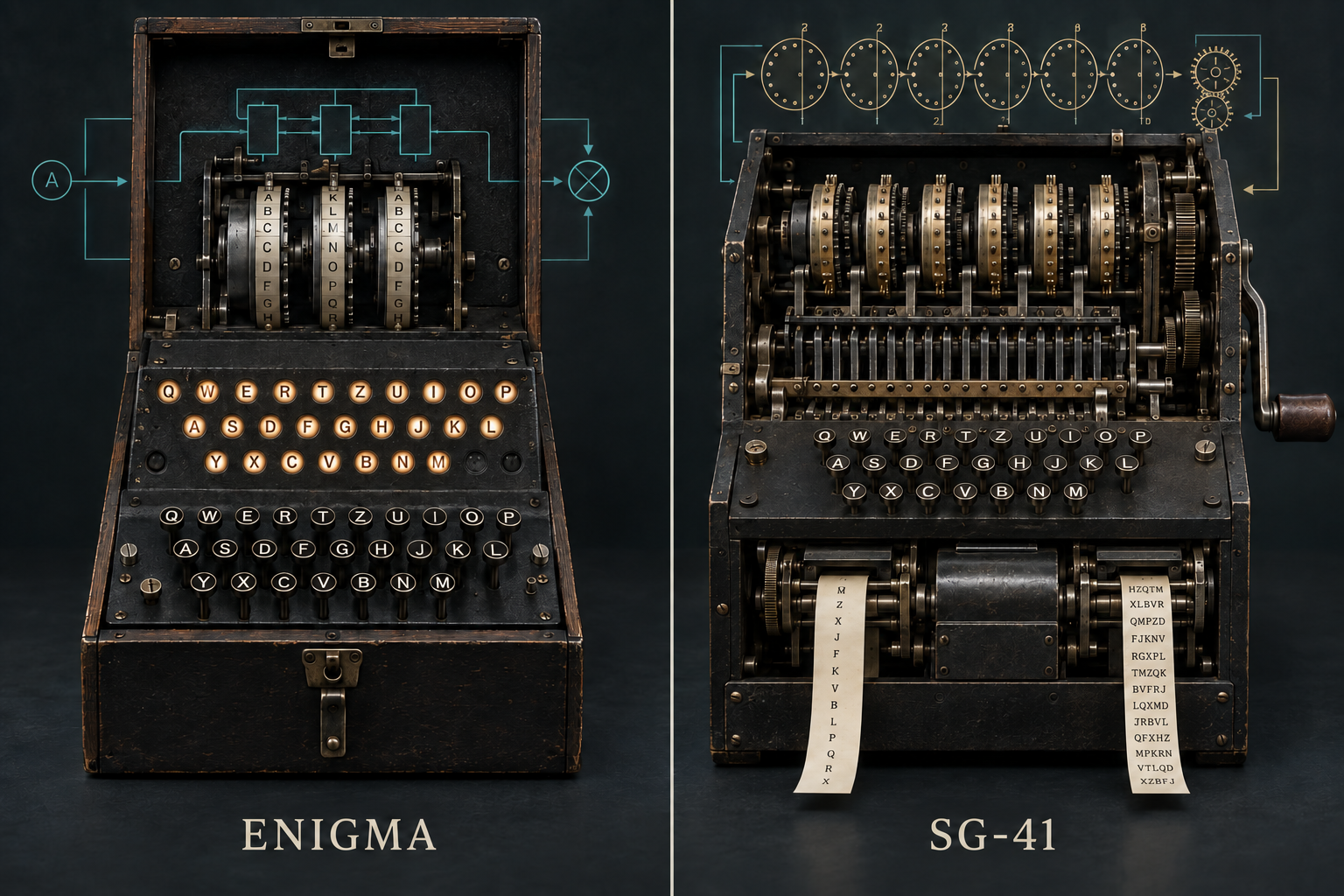 Gegenüberstellung: elektrische Enigma mit Lampenfeld links, mechanisches SG-41 mit Stiftwalzen, Kurbel und Papierstreifen rechts